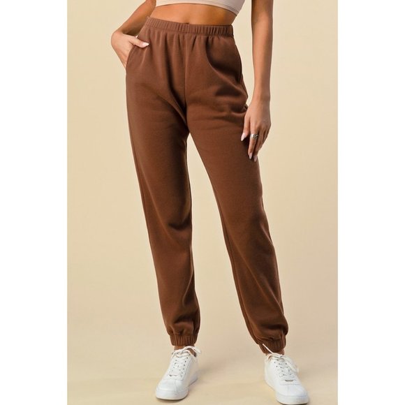 NEW Chocolate Brown High Waist Side Pockets Relaxed Fleece Jogger Sweat Pants - Picture 2 of 9